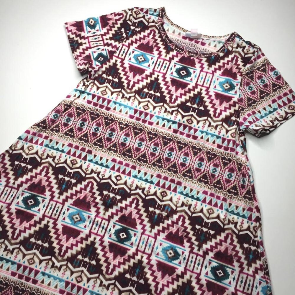 NEW LuLaRoe Carly S Pink Blue Stripe Aztec Swing‎ Dress High Low Flowy NWT